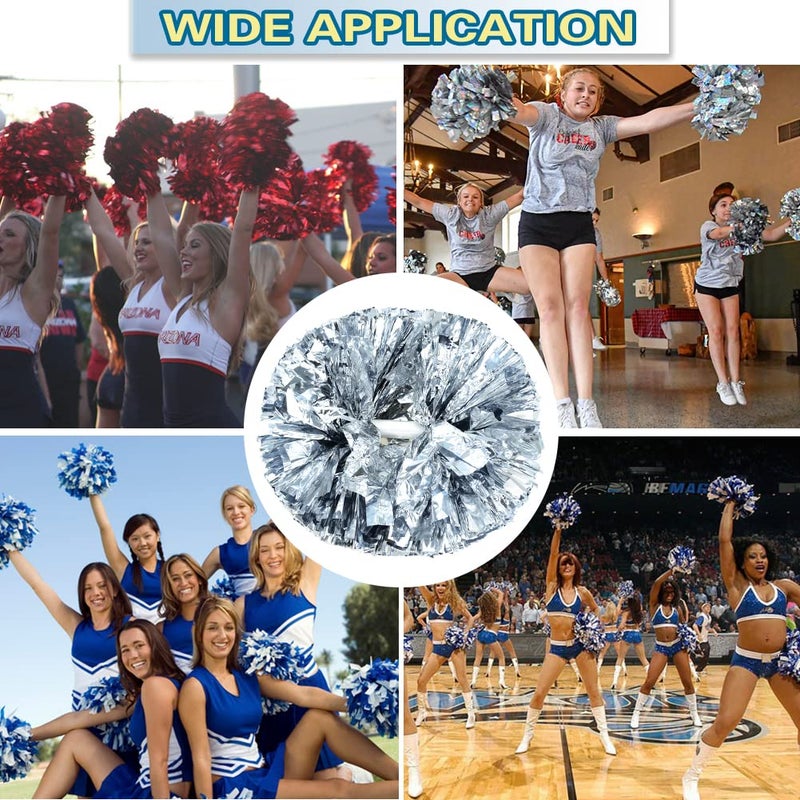 Lovecheer 2PCS Silver Pom Poms Cheerleading Metallic Cheer Pom Poms with Baton Handle for Sports Team Spirit Party Cheering - Image 4